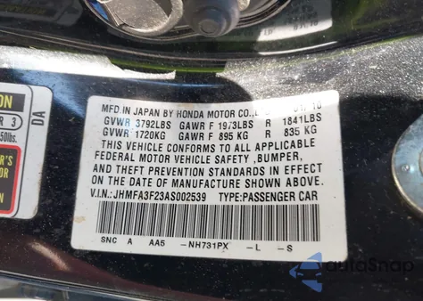 2010 Honda Civic Hybrid from USA, damaged, VIN JHMFA3F23AS002539